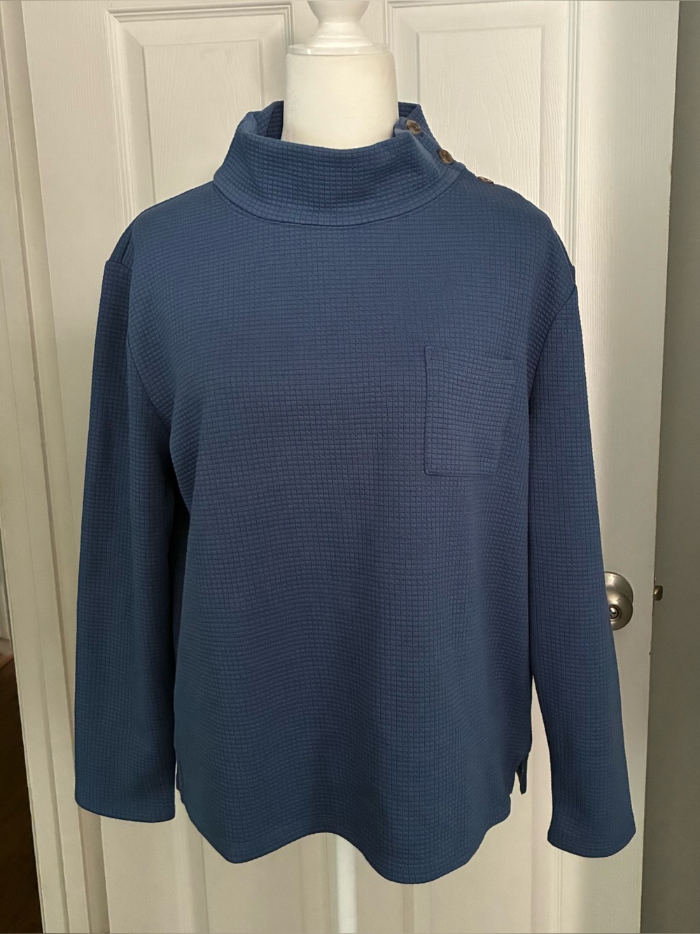 NWT Talbots Blue Mock Neck Long Sleeve Top with Shoulder Buttons